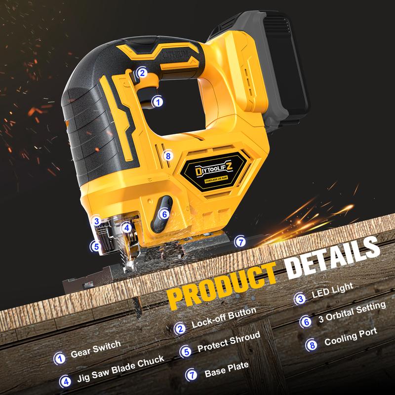 Sierra de calar inalámbrica compatible con batería Dewalt de 20 V (¡¡SIN BATERÍA!!), herramienta de sierra de calar sin escobillas, 2900 RPM, bisel de 0° a 45°, 3 acciones orbitales, luz LED para corte recto/curvo. Herramienta eléctrica para la vuelta al 