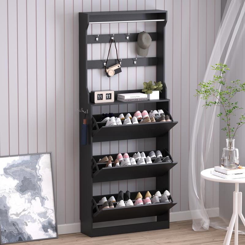 Zapatero ajustable con acabado natural y almacenamiento oculto, zapatero con 3 cajones abatibles, zapatero estrecho, organizador independiente para muebles multifuncionales de tamaño reducido