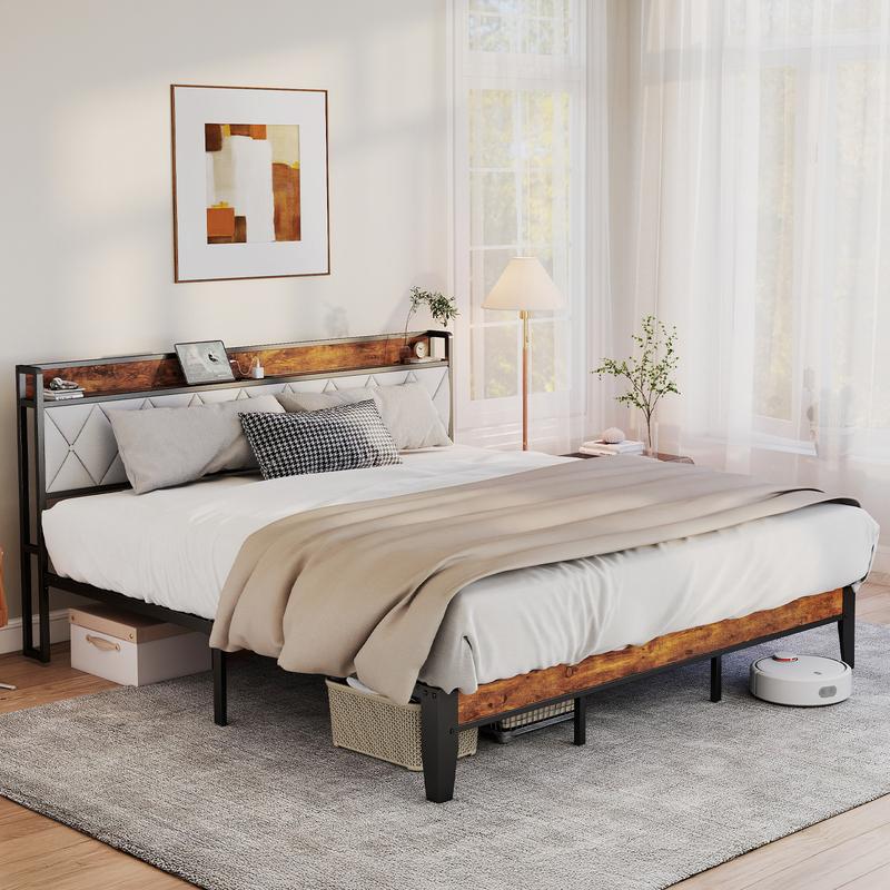 Estructura de cama completa con cabecero, espacio de almacenamiento debajo de la cama, puertos de carga integrados, diseño robusto y silencioso, montaje sin herramientas, no requiere somier.