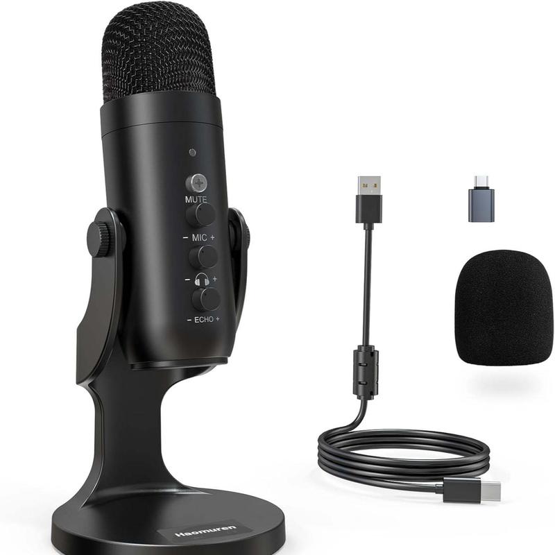 Micrófono de condensador USB Haomuren K66 [sin adaptador Lightning], micrófono para juegos de PC, micrófonos Plug & Play para PS4 y PS5. Ajuste de monitor y control de volumen, control de ganancia del micrófono, botón de silencio para TikTok, YouTube Podc