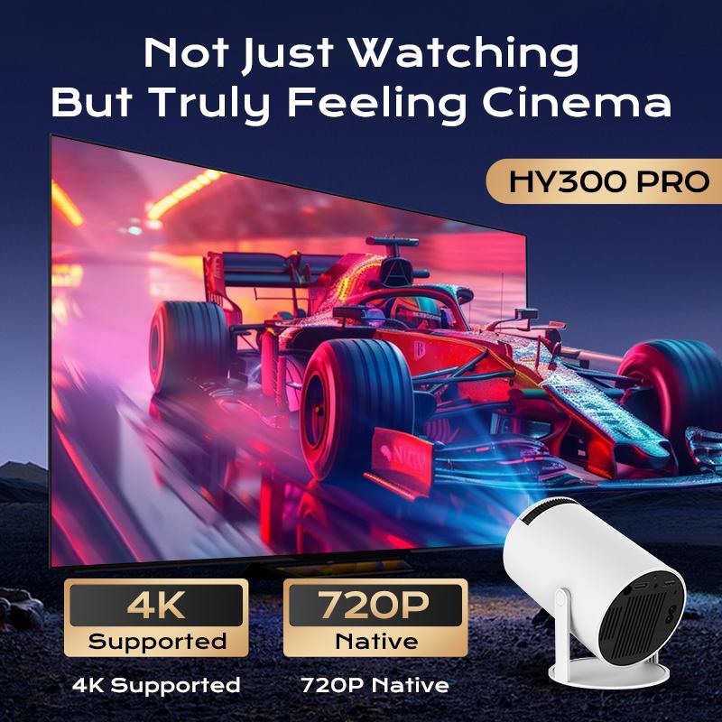 Proyector portátil HY300Pro+ para exteriores, mini proyector 4K con decodificación, WiFi 6 5G y Bluetooth 5.0, resolución Full HD 720p, 160 lúmenes ANSI, para Android, audio, Bluetooth, juegos y cine en casa.