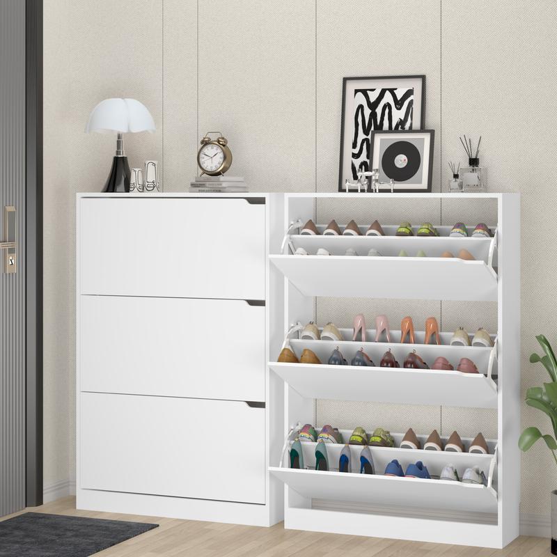 Zapatero ajustable con acabado natural y almacenamiento oculto, zapatero con 3 cajones abatibles, zapatero estrecho, organizador independiente para muebles multifuncionales de tamaño reducido