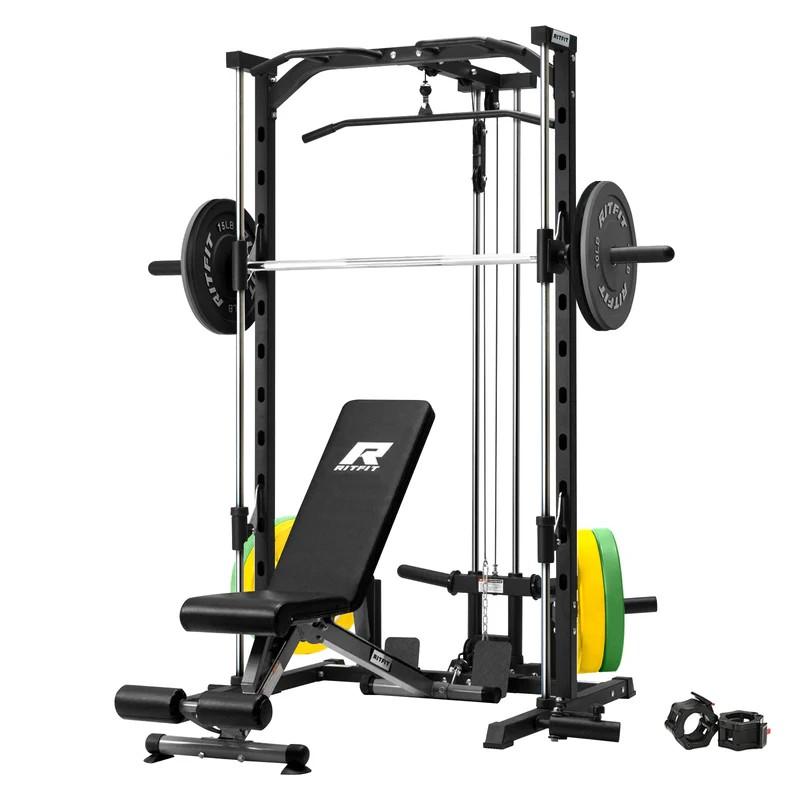 Máquina Smith multifuncional RitFit PSR05 con 13 accesorios incluidos. Máquina Smith, máquina de sentadillas, jaula de potencia, sistema de gimnasio en casa, estación de gimnasio en casa, equipo de entrenamiento de fuerza (negro/rosa), máquina de ejercici