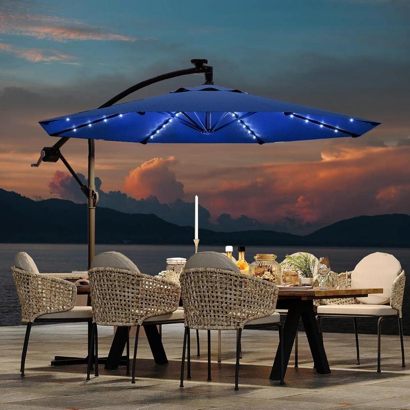 Sombrilla de patio voladiza de 3 metros con inclinación infinita | Luces LED solares, base en cruz y gran sombrilla para exteriores, ideal para jardín, piscina o césped.