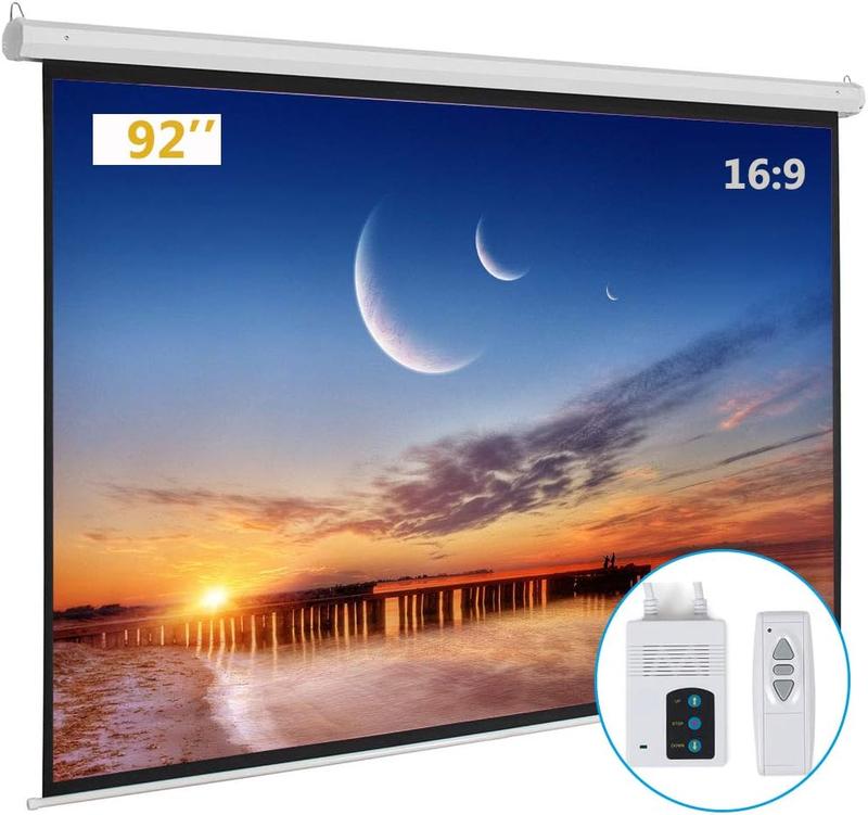 Pantalla de proyector motorizada con control remoto, sin arrugas ni abolladuras, pantalla HD, para cine en casa, oficina o uso como televisor en el aula (92 pulgadas, formato 16:9).