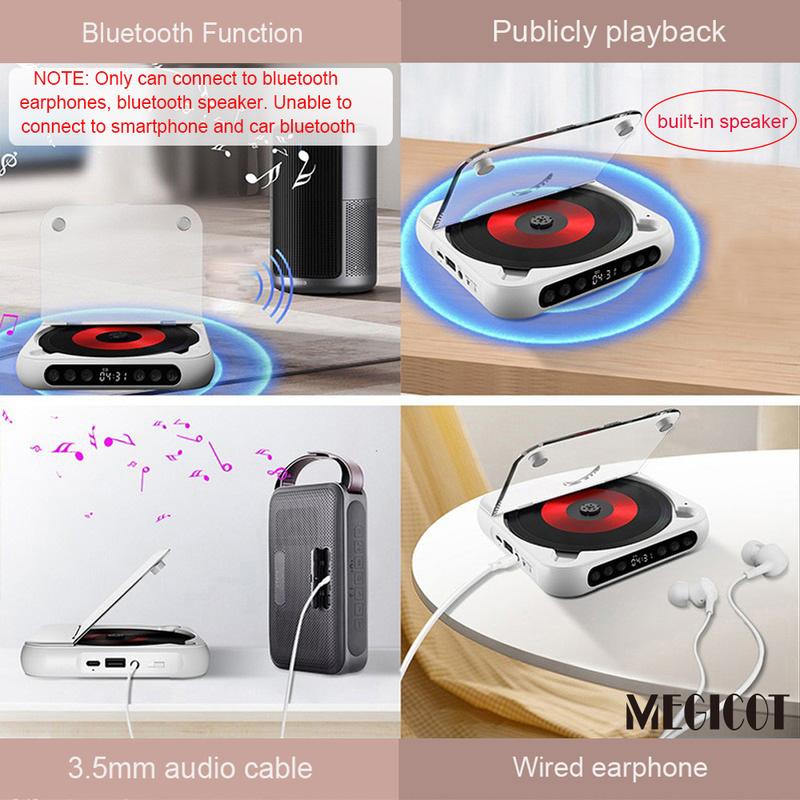 Reproductor de CD inalámbrico recargable Bluetooth 5.3 MEGICOT - Reproductor de audio multiformato con batería de 2000 mAh, controles de botón, función de retención de altavoz, pantalla LED, puerto USB, compatibilidad con auriculares, bloqueo de teclas, r