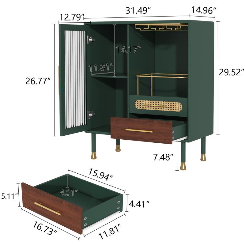 Mueble bar HLR verde esmeralda con detalles dorados, detalles de ratán, almacenamiento de doble zona de 94 cm y cajón extraíble: muebles de estilo clásico para apartamentos, muebles para estudios, ideal para quienes disfrutan del entretenimiento en casa,