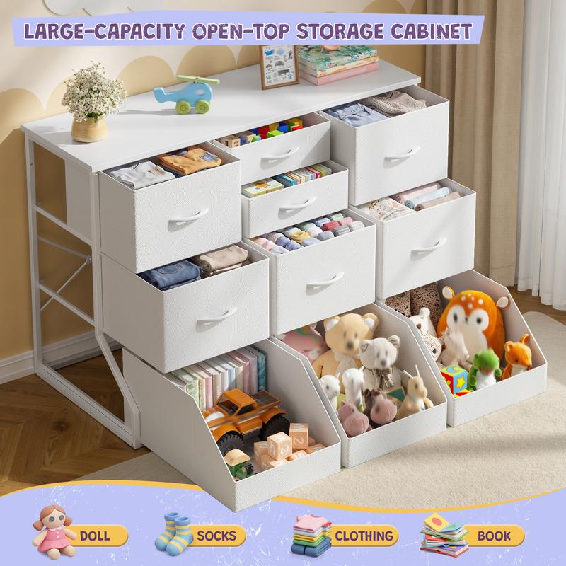Organizador de almacenamiento Raybee de 99 cm de ancho con 7 cajones con cierre, 3 cajones con diseño de apertura espaciosa, estantería alta y librería para niños y niñas, cómoda moderna, mueble para el hogar que ahorra espacio para sala de juegos, aula, 