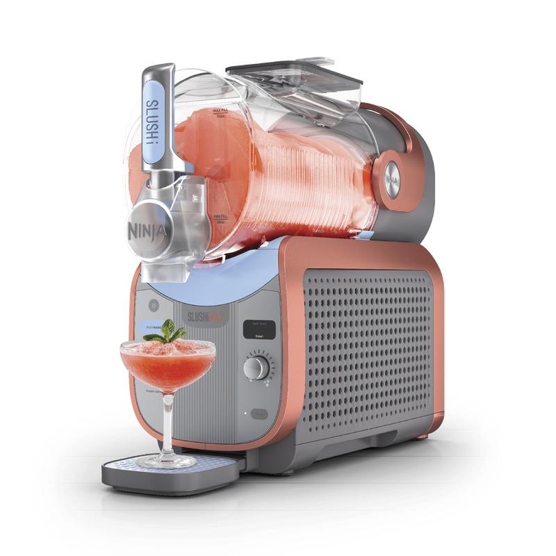 Licuadora Ninja SLUSHi Max Smart Frozen Drink Maker de 4.4 litros (150 oz) en azul y melocotón con tecnología Slushi Assist para granizados perfectos. Licuadora portátil USB para batidos.