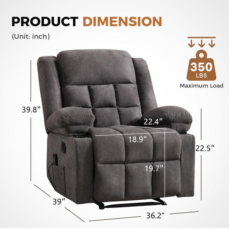 [DealsForYouDays] Sillón reclinable manual EBELLO con masaje y calor, sillón reclinable de tela con portavasos y bolsillos de almacenamiento, cómodo y transpirable para la sala de estar.