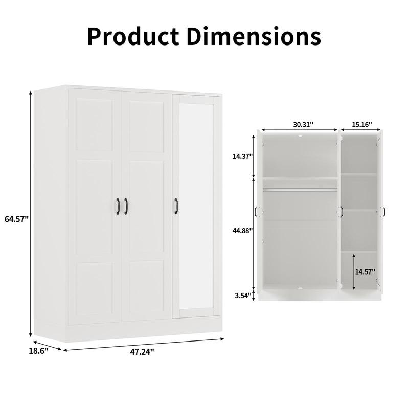 Armario moderno de madera blanca de 3 puertas FUSOU - Mueble de almacenamiento independiente con espejo de cuerpo entero, estantes ajustables, barra para colgar ropa, organizador de ropa, se envía en 2 paquetes para la organización del armario del dormito