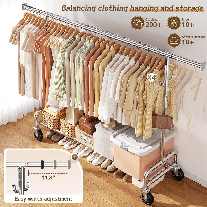 Perchero Raybee de alta resistencia con capacidad de carga de 450 libras, perchero para colgar ropa, perchero rodante con ruedas y estante, perchero portátil y ajustable, cromado, dorado.