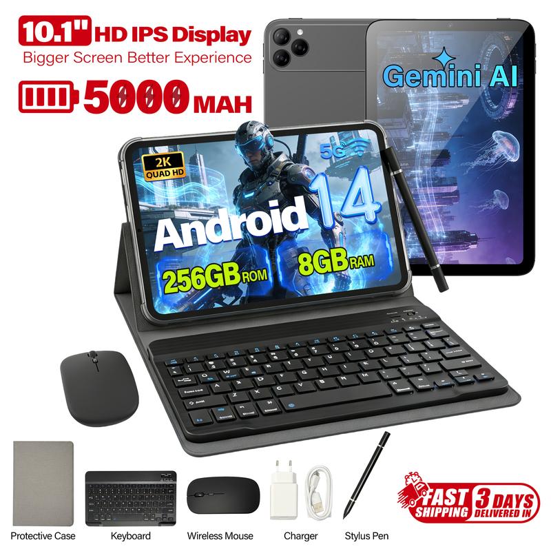 Tablet Android 14 de 10,1" con pantalla 2K, 8+256 GB, compatible con WiFi y SIM, ideal para el hogar: streaming, lectura y navegación. Incluye teclado, ratón y lápiz óptico.