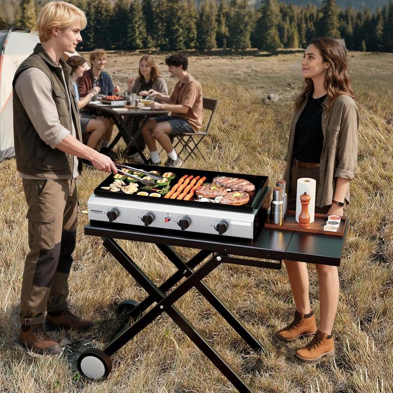 Plancha plegable de propano ROVSUN de 4 quemadores con ruedas y bandeja esmaltada, parrilla de gas portátil de superficie plana de 40000 BTU con encendido electrónico y regulador para cocinar al aire libre, acampar, barbacoas, picnics y eventos deportivos