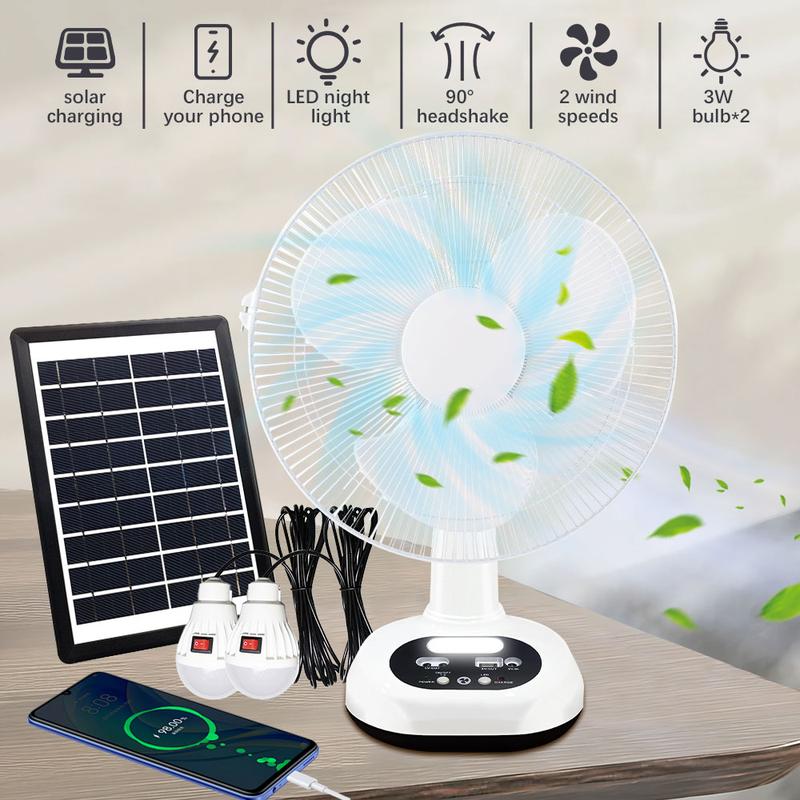 Ventilador de mesa recargable con bombillas LED y panel solar, batería de 6 V y 4500 mAh, motor de CC de 18 W, carga USB, flujo de aire de gran angular, kit de ventilador solar portátil para uso en interiores y exteriores.