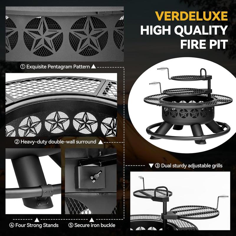 Brasero de exterior de 119 cm con 2 parrillas, brasero de barbacoa extragrande para exteriores, brasero redondo de metal con tapa y atizador, chimenea de exterior de leña 3 en 1 para patio trasero, terraza o fogata.