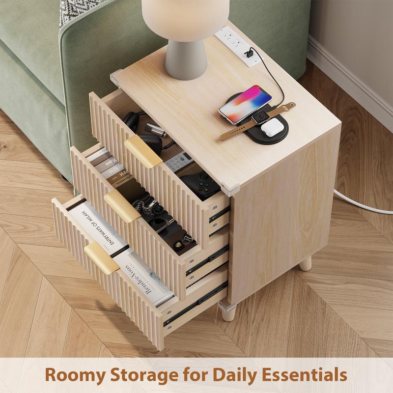 Mesitas de noche Aowos con paneles acanalados para dormitorio, mesita de noche moderna con 3 cajones y estación de carga, mesas auxiliares con paneles acanalados para dormitorio y sala de estar, mesita de noche con puertos USB, mesita de noche con almacen