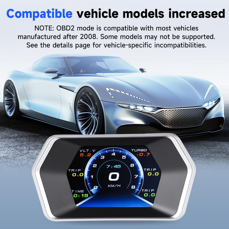 Velocímetro digital de 3 pulgadas con pantalla frontal (HUD) OBD2+GPS para vehículos compatibles con modelos equipados con OBD2 fabricados después de 2008. Admite unidades de medida en km/h y mph. Pantalla LCD multifunción OBD.