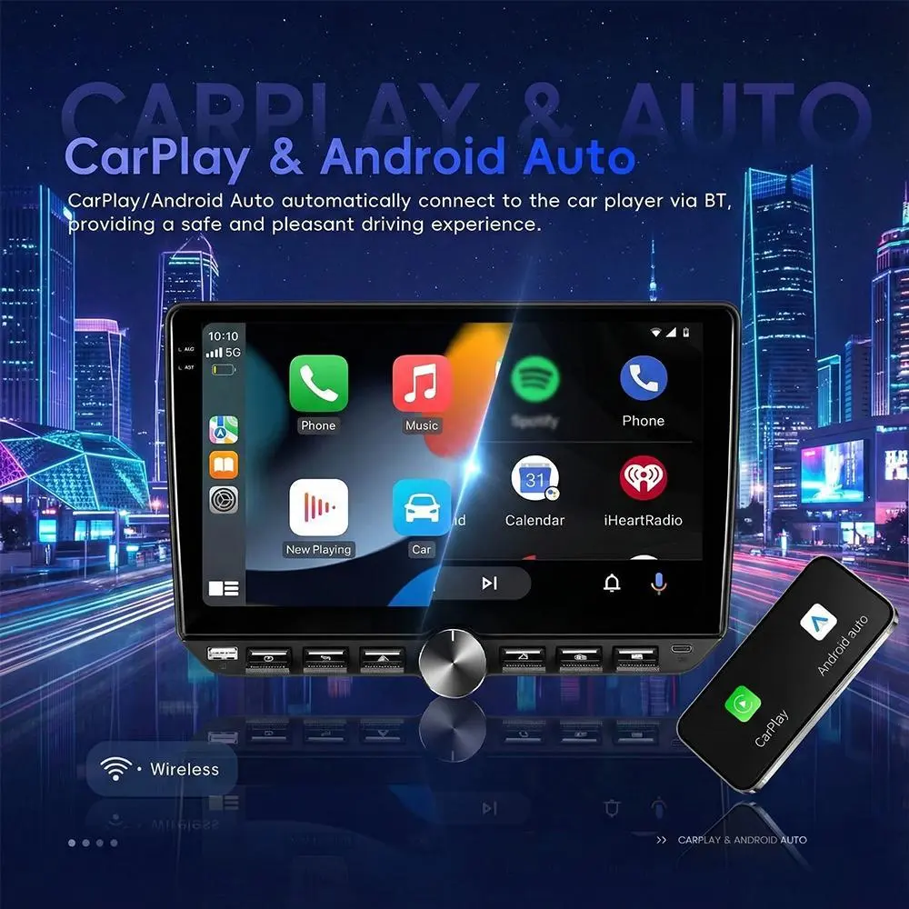 Autoestéreo y reproductor MP5 de 10.1" con Android 15, 4 GB + 64 GB, CarPlay y Android Auto inalámbricos, FM/RDS, 6 salidas RCA.