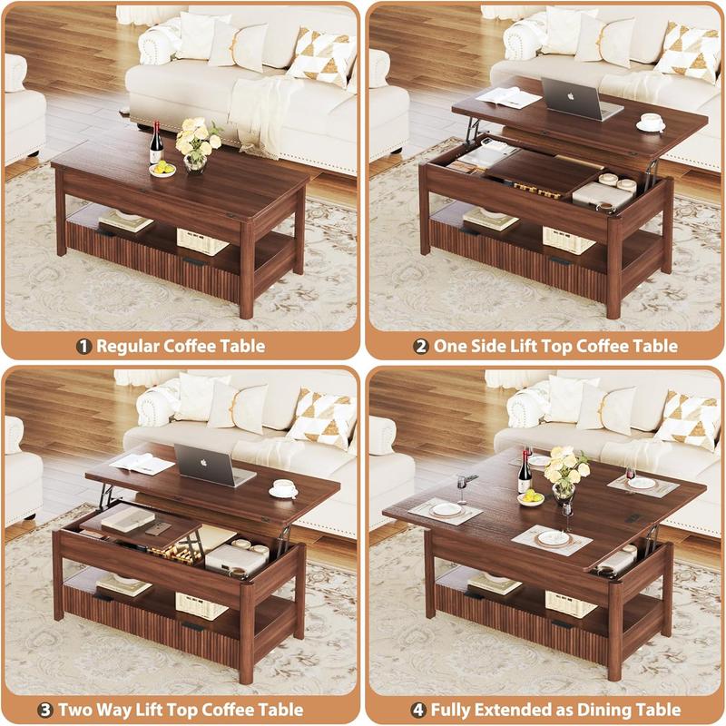 【Summergarden】Mesa de centro elevable de 101 cm (40"), mesa de centro cuadrada 4 en 1 con estante de almacenamiento y 2 cajones, mesas de centro modernas con tablero elevable, se convierte en mesa de comedor para sala de estar, oficina en casa, nogal