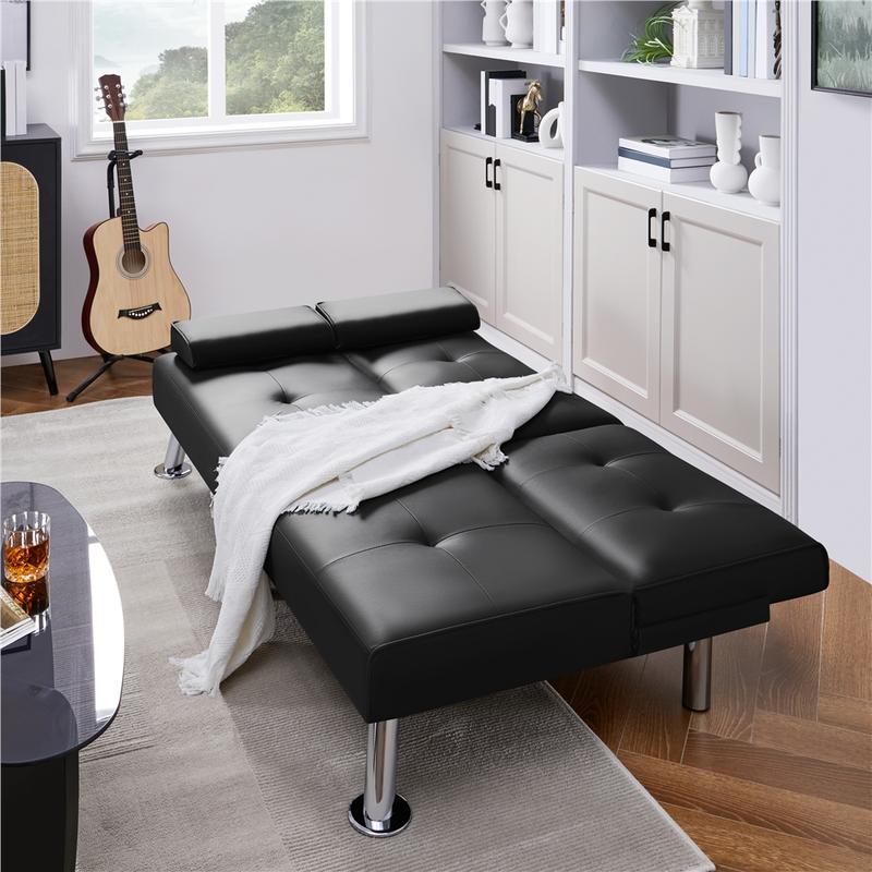 【Mayor área para dormir】Sofás y cama futón convertibles modernos de piel sintética Yaheetech con 2 cojines decorativos y portavasos abatibles, sofá futón ajustable 3 en 1