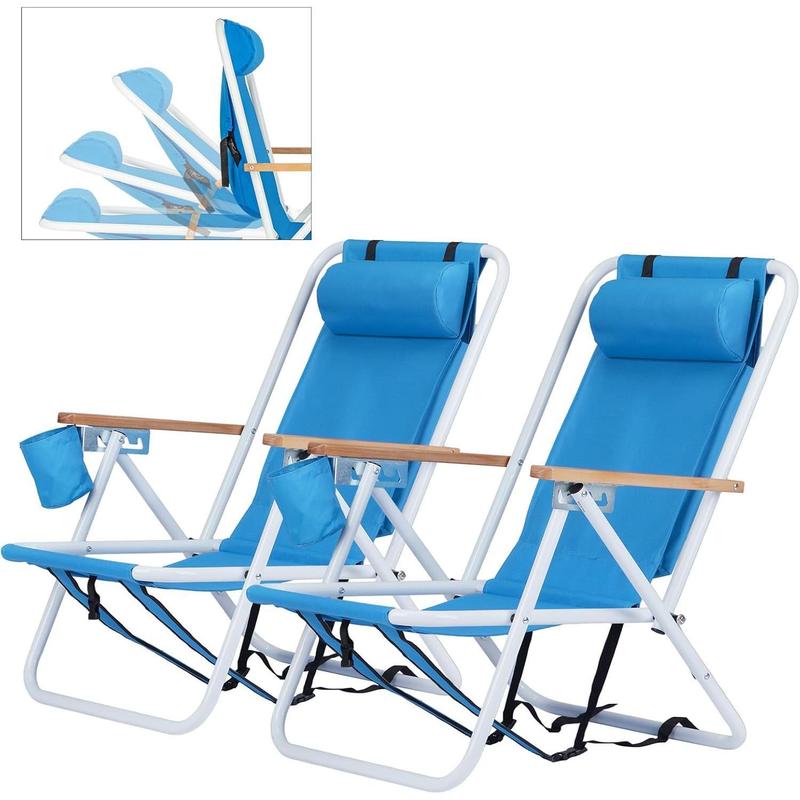 Outvita 2 sillas de playa plegables con reposacabezas ajustable y 4 ángulos de inclinación flexibles, portavasos, portátiles, de tela resistente y lavable, ideales para arena, camping, césped, conciertos, viajes y festivales de verano.