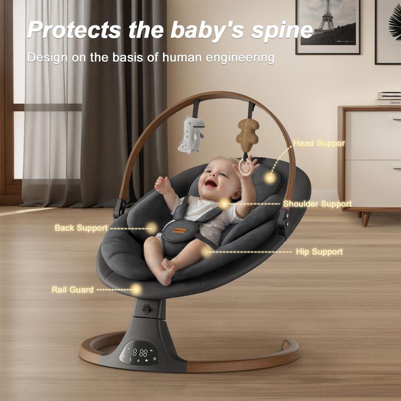 Columpio inteligente de lujo BabyBond con 10 melodías relajantes preestablecidas y música Bluetooth para recién nacidos y niños pequeños - Diseño ergonómico, arnés de 5 puntos, control remoto y panel IMD - Asiento, regalo para el Día de la Madre