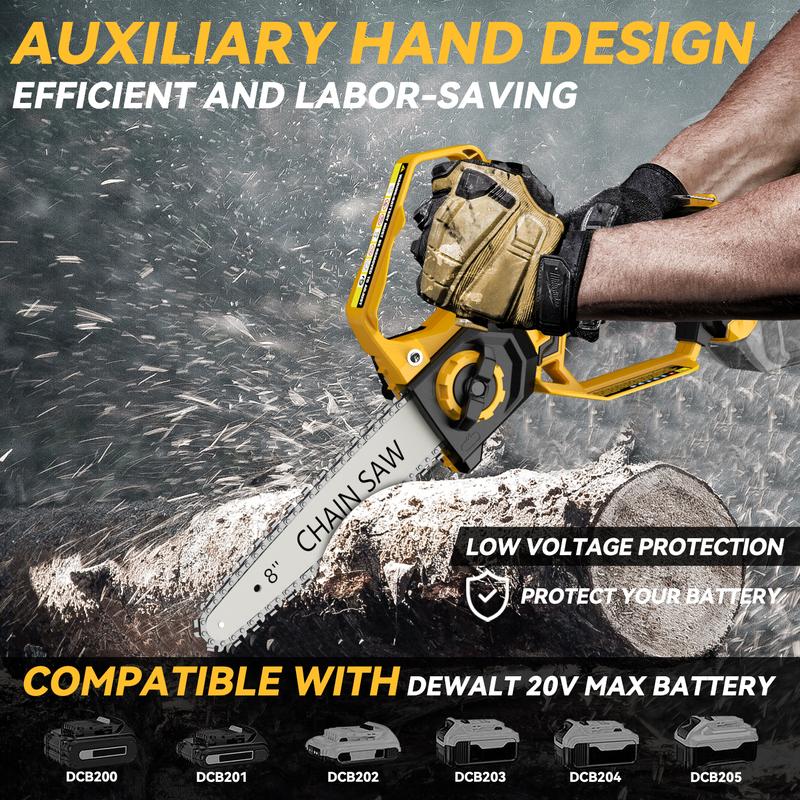Mini motosierra para batería Dewalt de 20 V Max, motosierra eléctrica inalámbrica 2 en 1 de 8 y 6 pulgadas con motor sin escobillas y lubricador automático, mini motosierra manual de 800 W para poda de árboles y corte de madera.