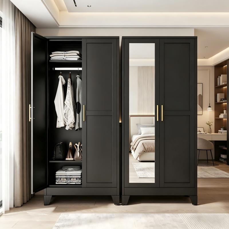 Armario metálico para ropa con espejo, armario de 180 cm con 2 puertas con espejo, estantes ajustables y barra para colgar ropa para dormitorio.