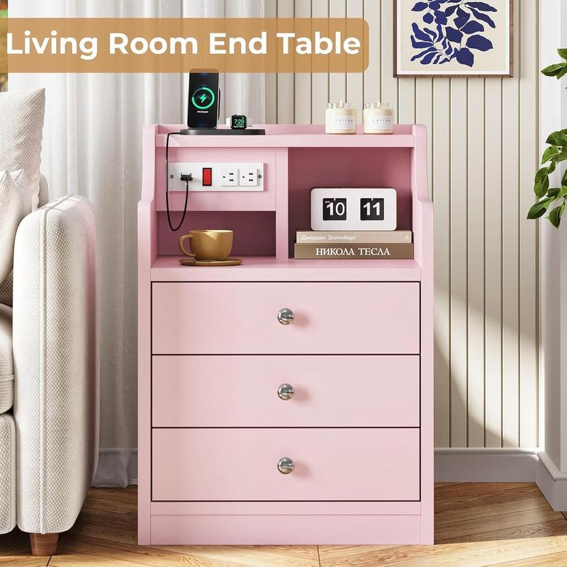 Mesita de noche Sikaic con estación de carga, mesita de noche rosa con estantería, mesita de noche con cajones, mesita de noche con almacenamiento, muebles para el hogar, artículos esenciales para dormitorios universitarios.