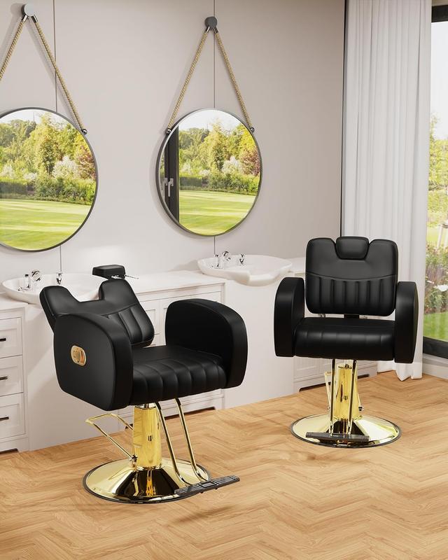 Silla de salón ergonómica dorada con cómodos cojines acolchados, silla de estilista resistente con estructura de acero, elegante silla de peluquería con tapicería de cuero, capacidad de peso de 200 kg (440 lbs).