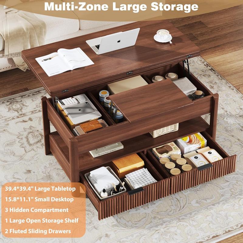 【Summergarden】Mesa de centro elevable de 101 cm (40"), mesa de centro cuadrada 4 en 1 con estante de almacenamiento y 2 cajones, mesas de centro modernas con tablero elevable, se convierte en mesa de comedor para sala de estar, oficina en casa, nogal