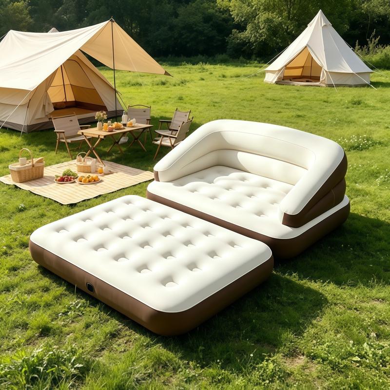 Sofá cama inflable convertible 5 en 1, tamaño individual, con respaldo alto y asiento profundo, portátil para acampar y viajar, incluye bomba de aire, diseño convertible 5 en 1, portátil y práctico.