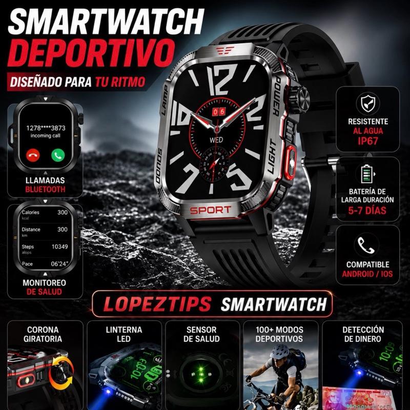 Reloj inteligente LOPEZ TIPS: el mejor reloj inteligente para exteriores para hombres, linterna LED, detector de dinero UV, brújula, sensor de altitud, carcasa resistente de aleación, modos deportivos y de fitness.