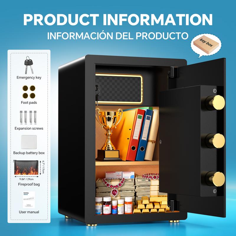 Caja fuerte grande, caja fuerte digital con teclado, sistema de alarma inteligente y cerradura interior, para objetos de valor, dispositivos de espionaje, caja fuerte interior con bolsa ignífuga e impermeable, artículos esenciales para la renovación del h