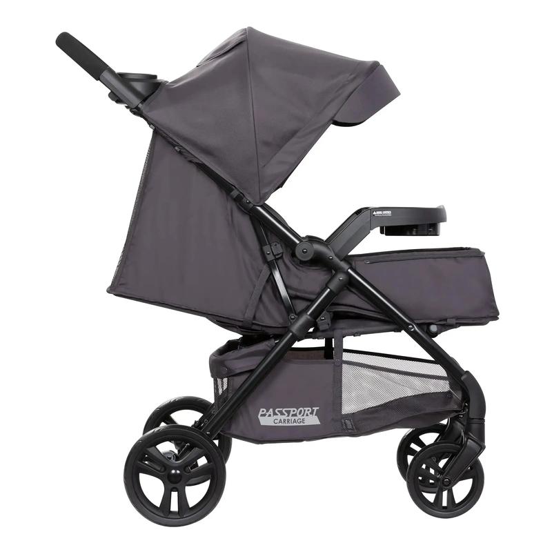 Cochecito con cabina Comfort Cabin, capota con cremallera completa para protección solar y cesta de almacenamiento grande.