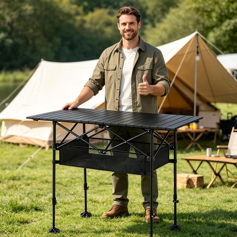 Mesa de picnic plegable portátil AORAN para exteriores, con estructura de acero resistente, mesa plegable ultraligera y compacta con gran cesta de almacenamiento de malla, diseño desmontable para playa, camping, viajes, barbacoas en el jardín y picnics.