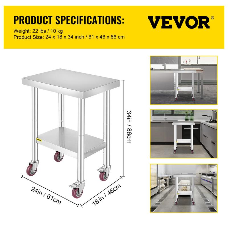 Mesa de trabajo VEVOR de acero inoxidable, varias especificaciones, con 4 ruedas, mesa de trabajo comercial de alta resistencia para preparación de alimentos con freno para trabajos de preparación de cocina, mesa de trabajo de acero inoxidable