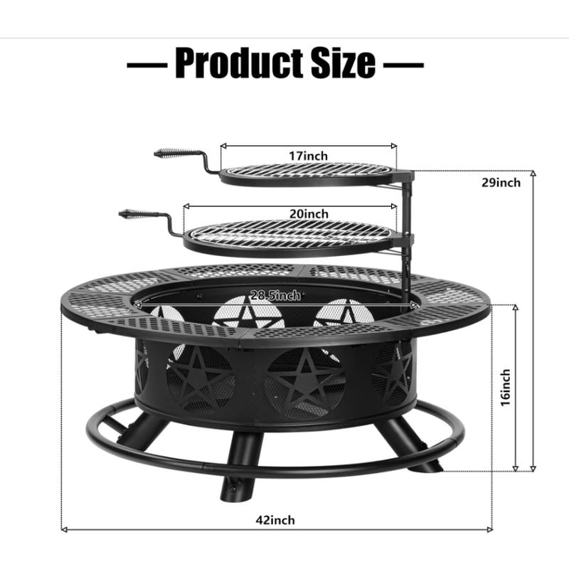 Juego de fogata metálica resistente Outvue de 36/42 pulgadas - Quema de leña, 2 parrillas de llama abierta, tapa y atizador, mesa segura para exteriores para barbacoa, reuniones en el patio, artículos para exteriores para adultos, fiesta
