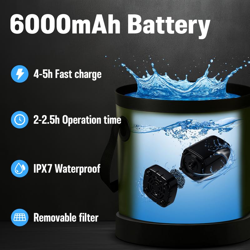 Ducha portátil para exteriores con bomba recargable de 6000 mAh, pantalla LED, cabezal ajustable de 3 modos con filtro PP, ventosas y cubo plegable de 5 galones: suministros esenciales para acampar, senderismo, viajes y lavado de autos.