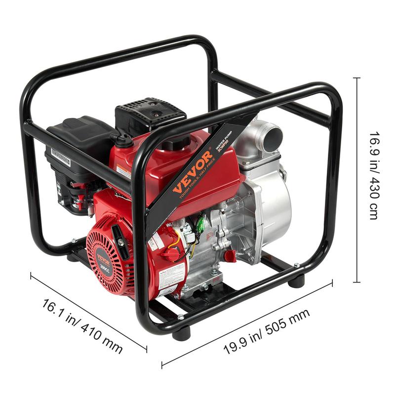 Bomba de lodos de gasolina de alta resistencia, 50 mm (2 pulg.), motor de 4 tiempos y 7 HP, bomba de transferencia de agua de 132 GPM, manguera de salida de 7,62 m (25 pies), elevación máxima de 30 m (98 pies), succión de 8 m (26 pies), impulsor de hierro