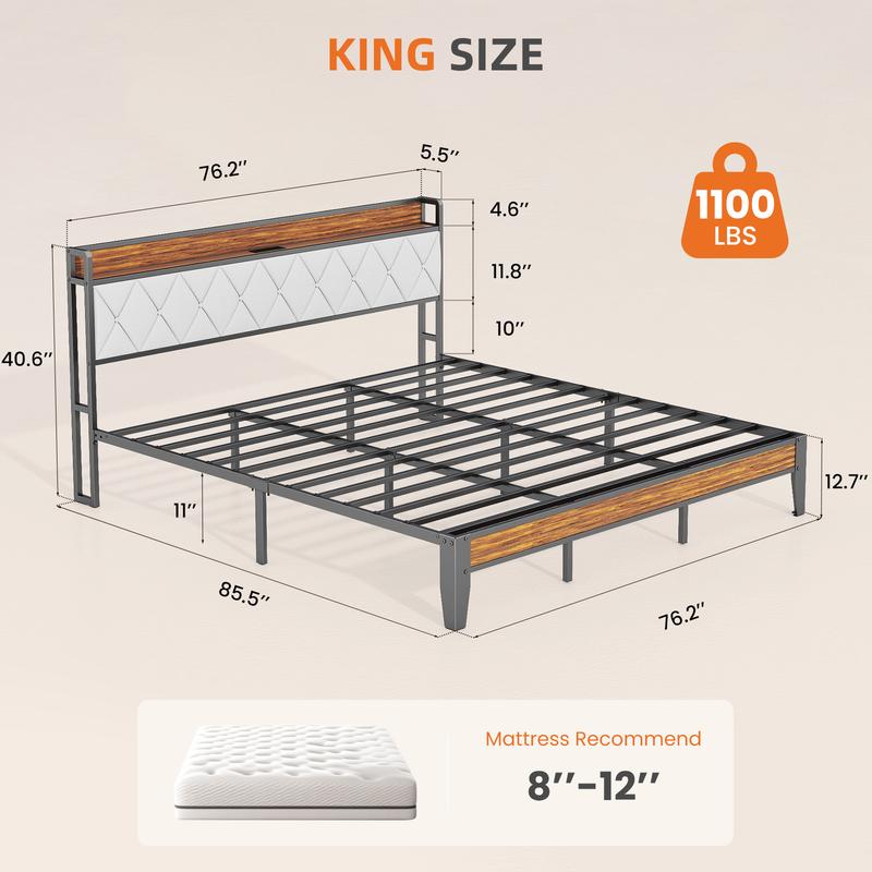Estructura de cama completa con cabecero, espacio de almacenamiento debajo de la cama, puertos de carga integrados, diseño robusto y silencioso, montaje sin herramientas, no requiere somier.