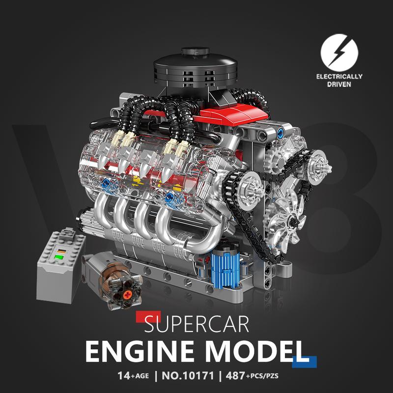 Kit de construcción de motor V8 funcional Kit de construcción de motor V8 eléctrico Juguetes de bloques de construcción de motor V8 Impulsado eléctricamente 487 piezas Kit de modelo Engranajes en funcionamiento Para entusiastas de la ingeniería mecánica R