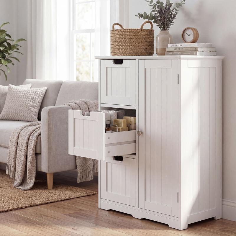 Mueble de baño moderno de madera blanca para suelo - Armarios de madera, doble cajón, organizador de almacenamiento multicompartimento con 3 cajones, 2 estantes, armarios con doble cajón
