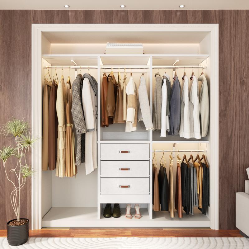 Armario vestidor Cyclysio de 152 cm de ancho con 3 compartimentos - Organizador de armario resistente de 1,5 m con cajones, barras para colgar ropa, 3 estantes y paneles ajustables, muebles para espacios pequeños, ideas de organización del hogar para habi
