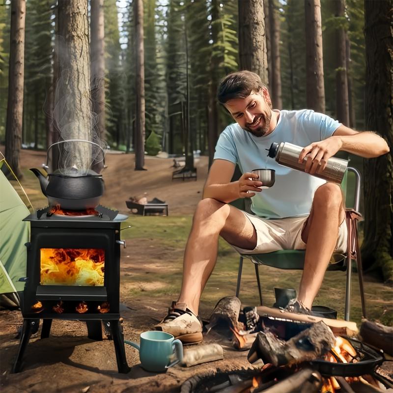 Estufa de leña para acampar, estufa portátil de hierro fundido para senderismo, picnic, barbacoa y viajes al aire libre, color negro.