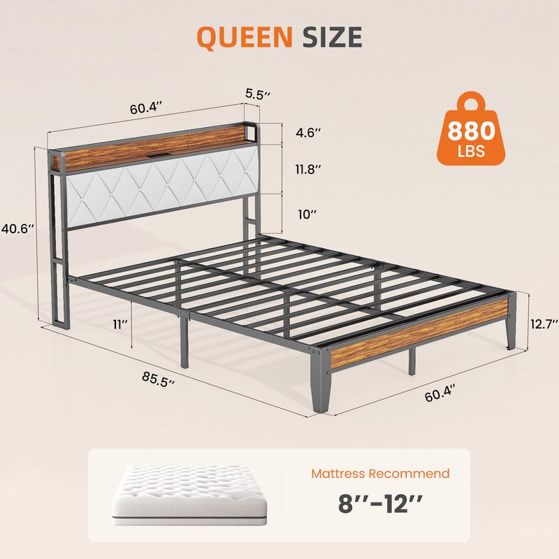 Estructura de cama completa con cabecero, espacio de almacenamiento debajo de la cama, puertos de carga integrados, diseño robusto y silencioso, montaje sin herramientas, no requiere somier.