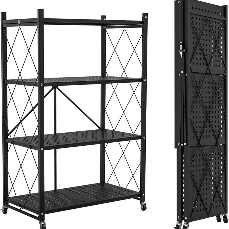 Estantería metálica plegable para almacenamiento - Estantería plegable, ligera e impermeable, negra, ahorra espacio, duradera, versátil para uso en cocina y despensa, organizador de zapatos moderno, movilidad de 360 ​​grados, capacidad de 40 kg - Habitaci