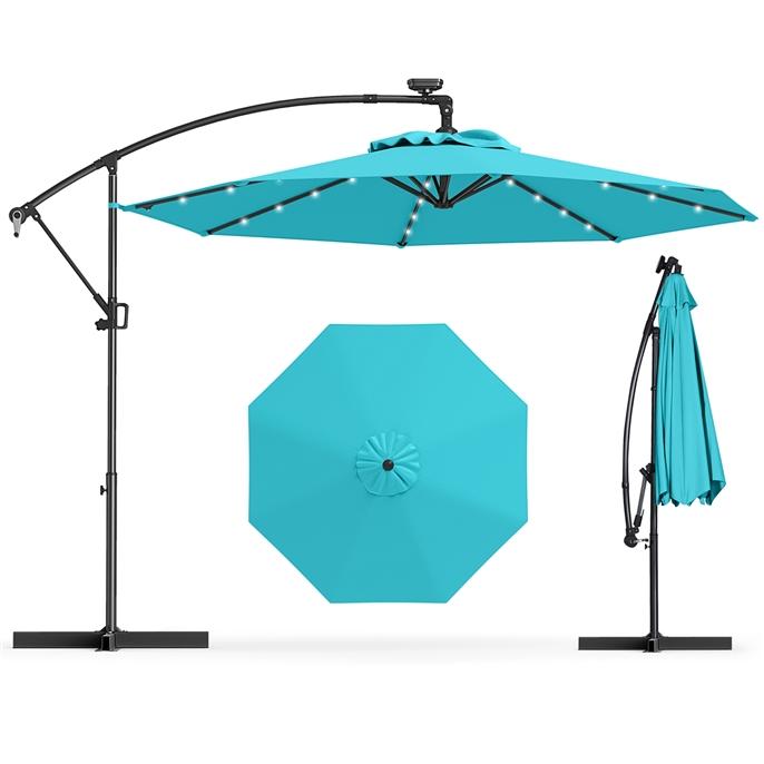 Sombrilla de patio solar giratoria de 360° de 3 metros, sombrilla de exterior con brazo lateral descentrado, fácil ajuste de inclinación, manivela y base en cruz para piscina, terraza, jardín o patio trasero.