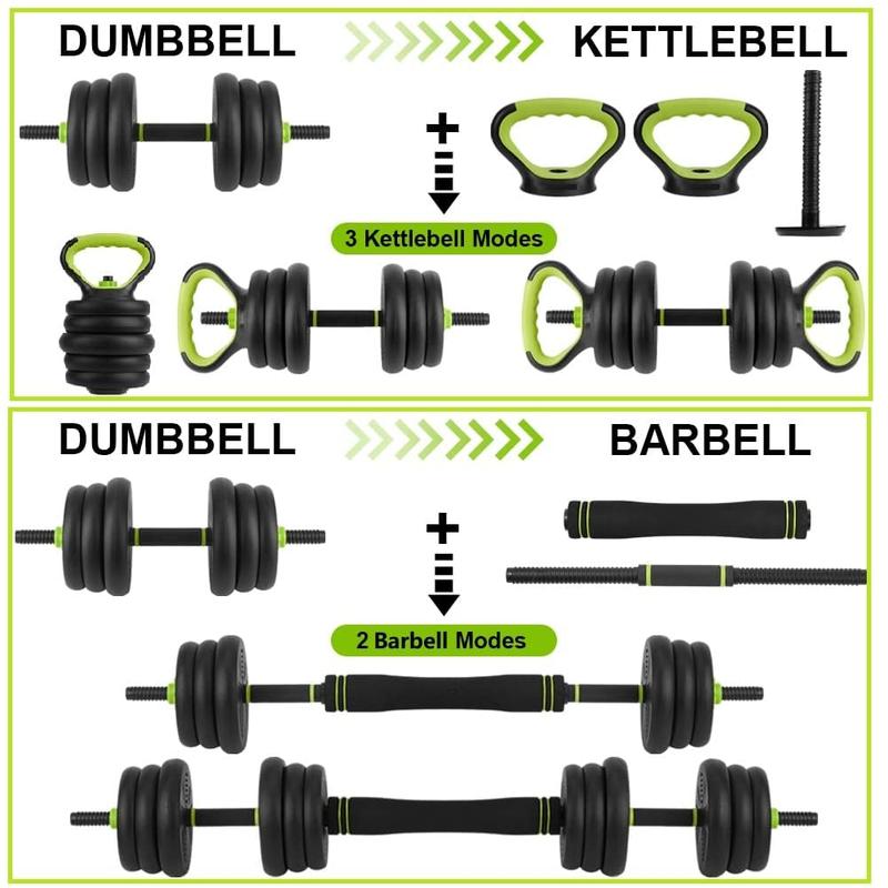 Juego de 2 mancuernas ajustables (40/30 kg) - Pesas 4 en 1 que se convierten en barra, pesa rusa y soporte para flexiones - Equipo ergonómico para gimnasio en casa con asas antideslizantes para abdominales para hombres y mujeres. Entrenamiento de cuerpo c